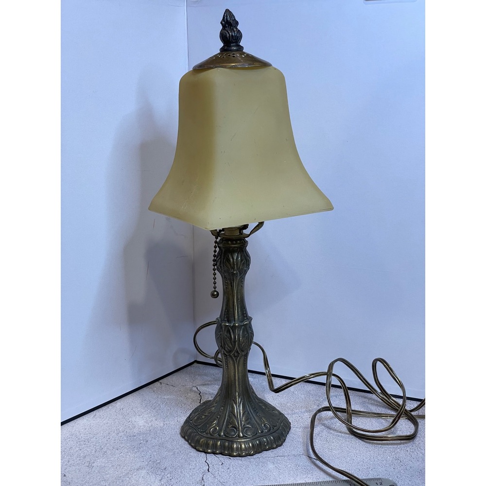 Vintage Desk Lamp Art Nouveau Brass Base Frosted Amber Glass Bell Shade - Picture 9 of 16